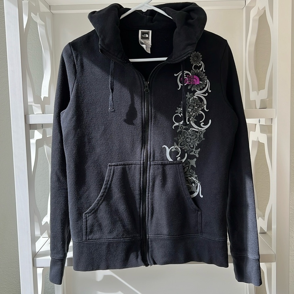 The North Face TNF Graphic Zippered Hoodie Sweatshirt Black Pink Women's Size M